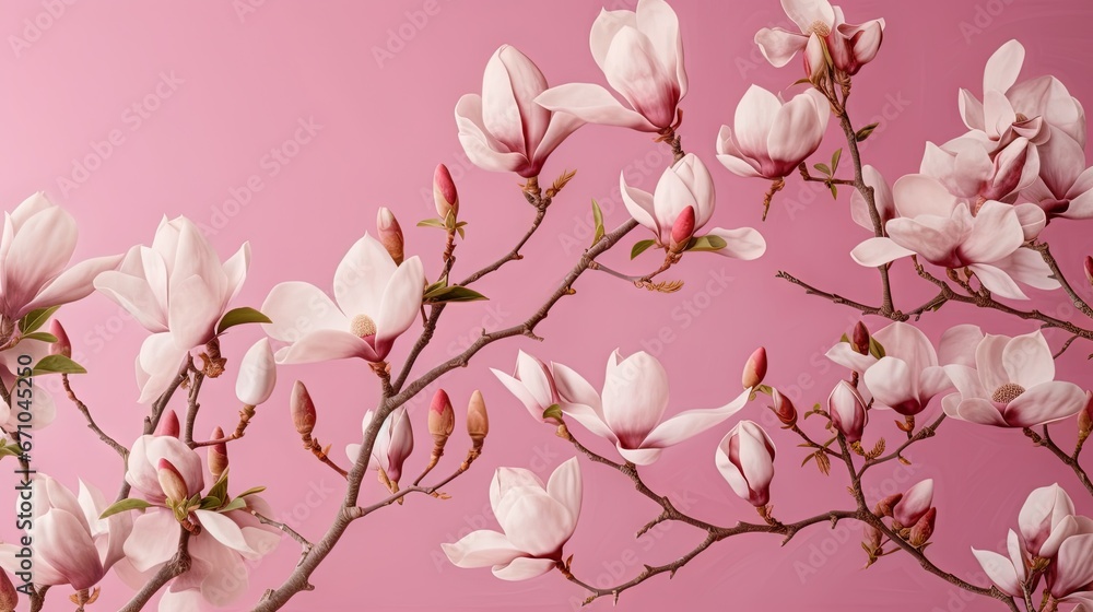  a branch of a flowering tree with pink flowers on a pink background.  generative ai