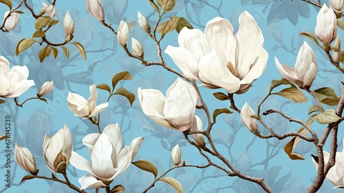  a painting of a tree with white flowers on a blue background.  generative ai