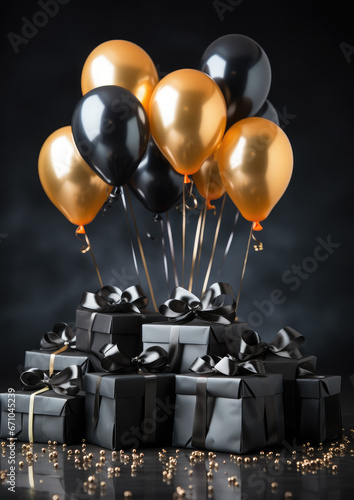 gift boxes and bags for shopping, balloons on a dark background, black friday, sale, discounts, shopping, store, marketing, goods, holiday, celebration, new year, present, birthday, shiny, christmas