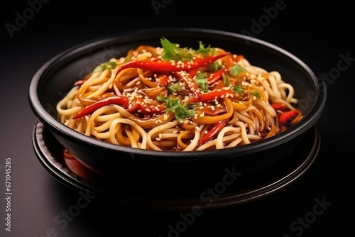 Chinese Noodles In Black Bowl Jiangsu Cuisine. Сoncept Food Photography, Chinese Cuisine, Noodles, Jiangsu Cuisine, Black Bowl