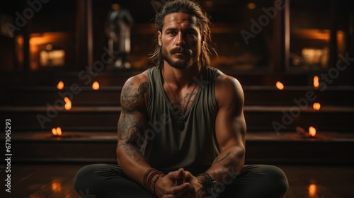 a man with long hair sitting on a wooden floor, a portrait, muscular body tattooed, sitting on a grand staircase, cinestill,  sacral chakra