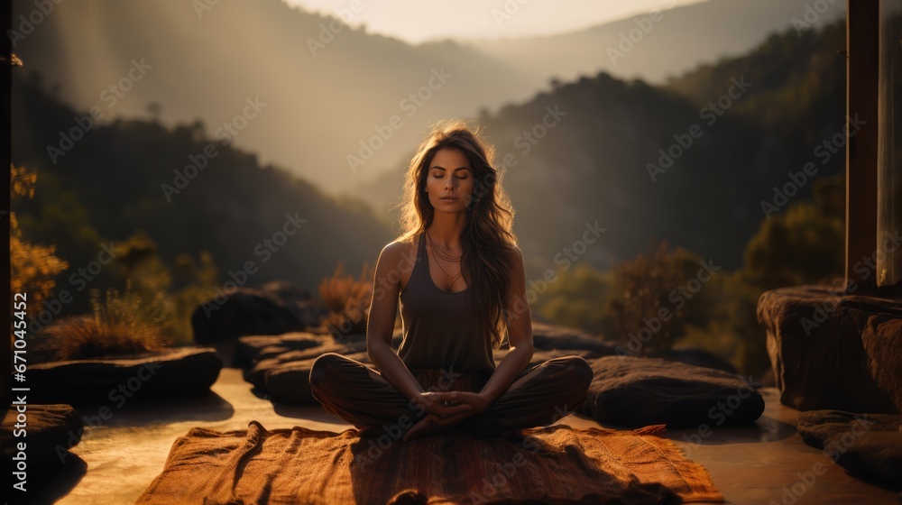a woman sitting in the middle of a yoga pose, sunset lighting, ceremony in a scenic environment, portrait shot