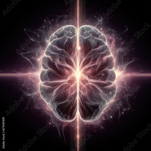 3d render abstract background with brain that surrounded with particles with twisted trails