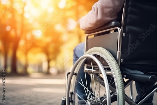 Closeup Of Disabled Person Riding Wheelchair In Park