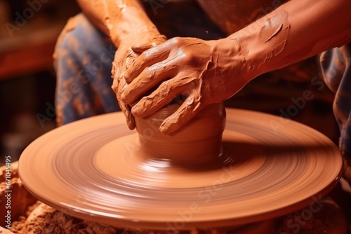 Closeup Of Potter Shaping Clay On Wheel Concept Of Pottery