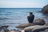 Cremation Urn On Rocky Beach. Сoncept Candlelight Vigil, Seashell Collecting, Solace In Nature, Remembering Loved Ones