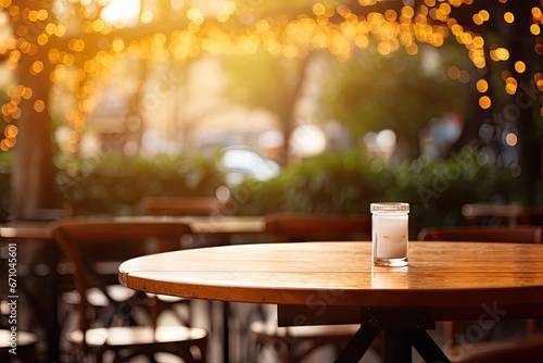 An outdoor table with blurred busy cafe background