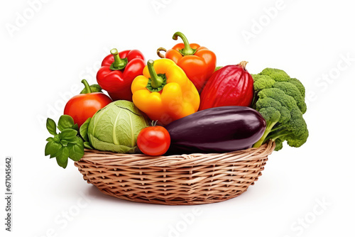 Assorted organic vegetables and fruits in wicker basket