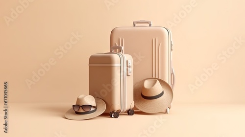  two suitcases and a hat on a beige background with a hat on the floor. generative ai