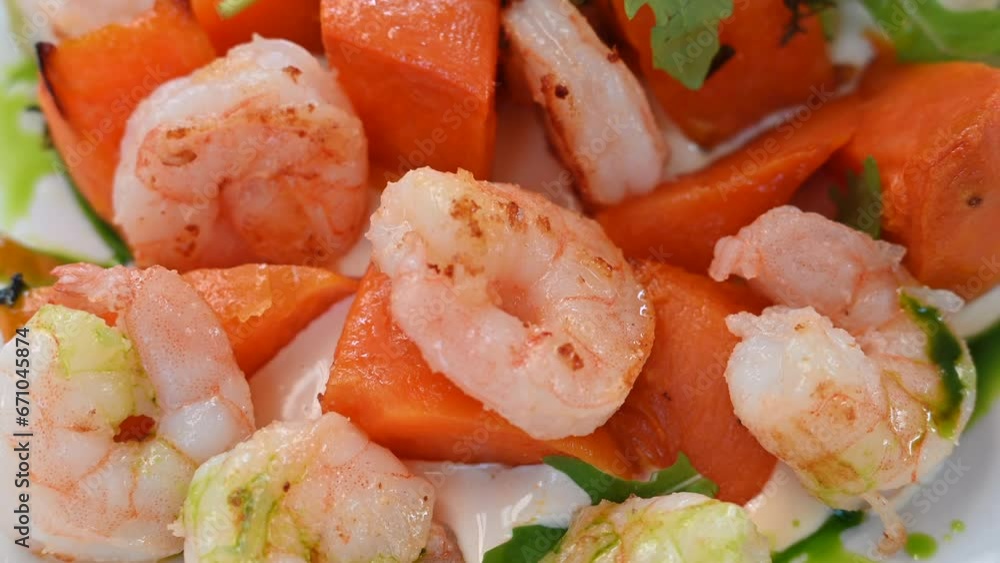Shrimps salad with sweet potatoe and rocket greens Shrimps salad with sweet potatoe and rocket greens