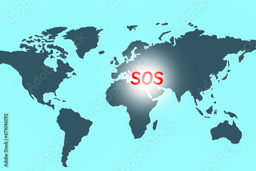 Concept of military aggression, crisis in Middle East. Word SOS in Middle East on world map background.