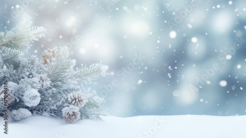 Beautiful winter background image, Christmas tree covered with frost, the background is out of focus.