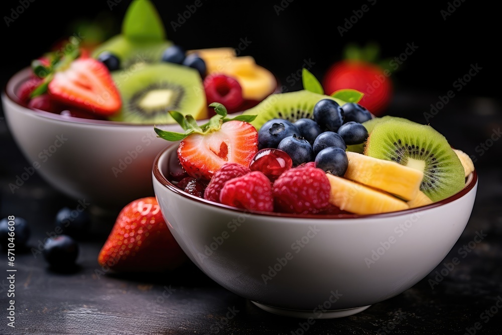 Breakfast healthy diet fruits arranged in bowls Breakfast healthy diet fruits arranged in bowls