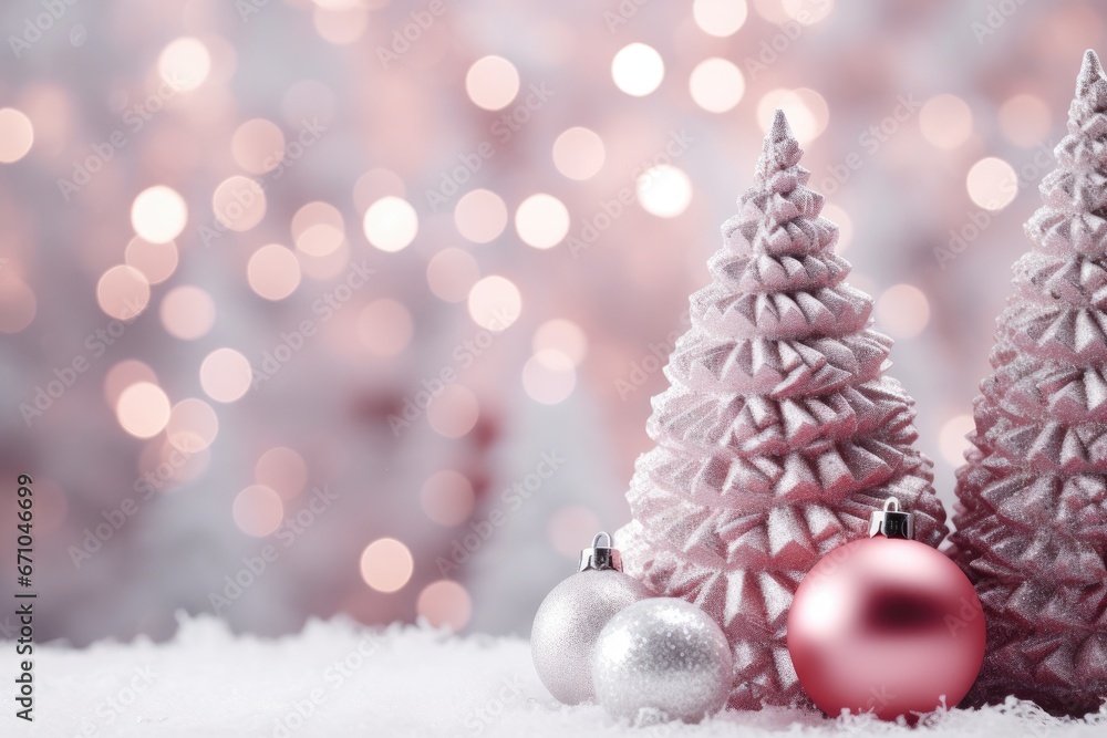 Christmas tree in white frost decorated pink silver