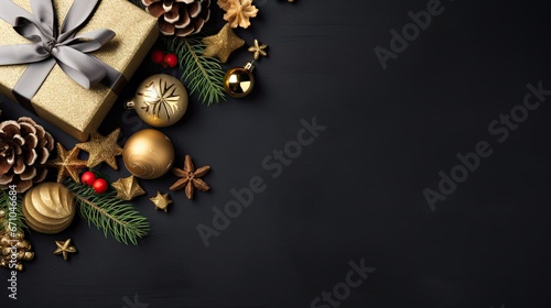 Christmas dark background frame with golden toys and decorations