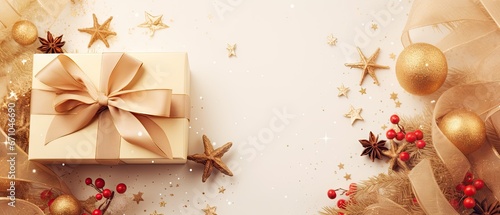 Christmas decoration composition on light gold background