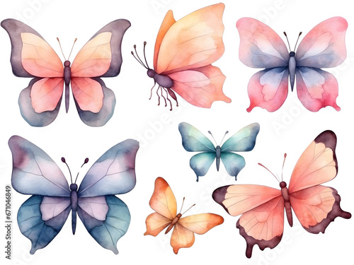 Watercolor set of butterflies on white background. Decoration butterflies.