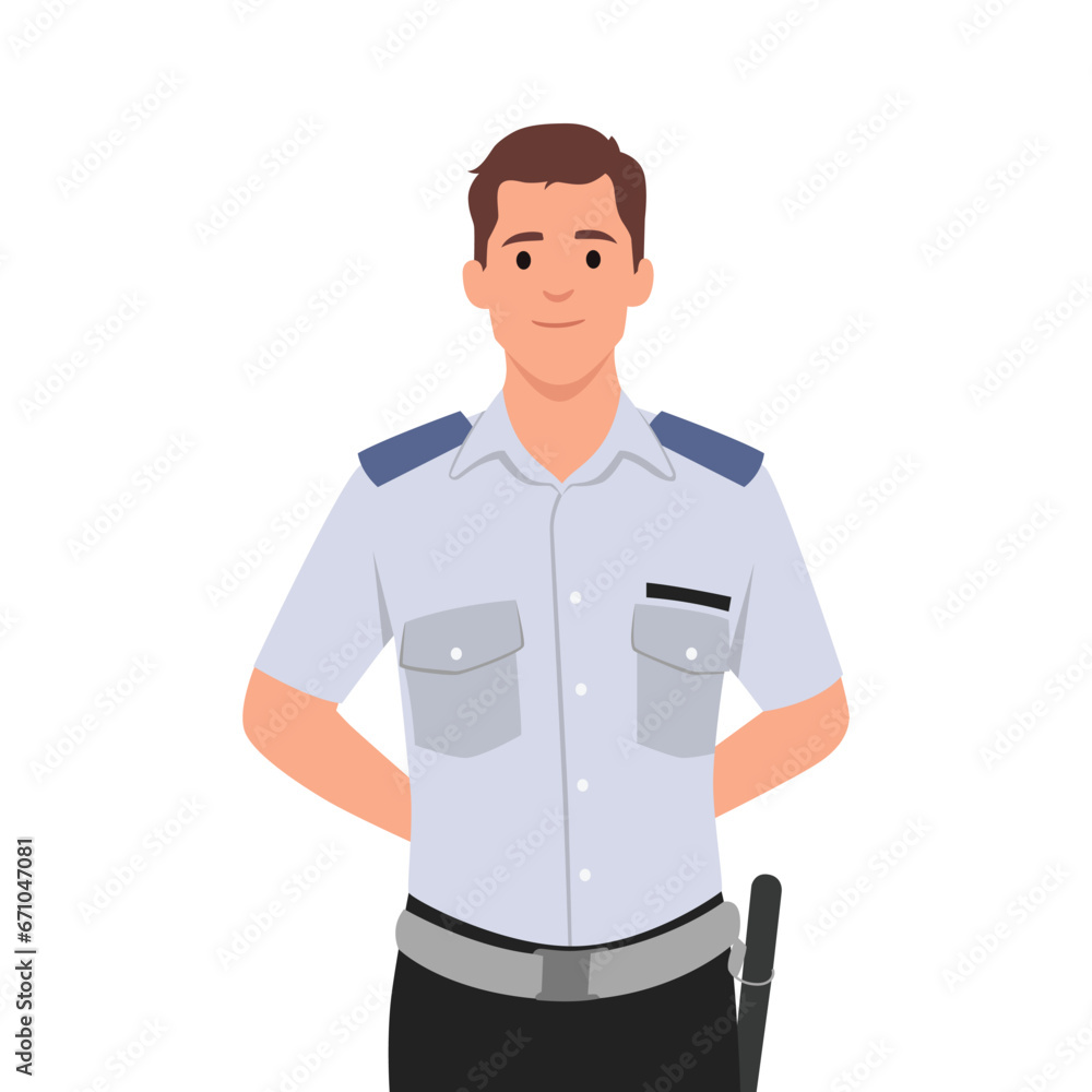 Young security guard. Police officer in uniform standing in front view. Flat vector illustration isolated on white background Young security guard. Police officer in uniform standing in front view. Flat vector illustration isolated on white background
