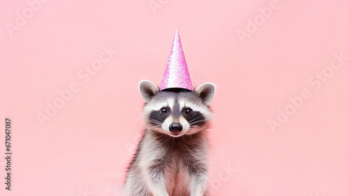 Creative animal concept, raccoon in party cone hat