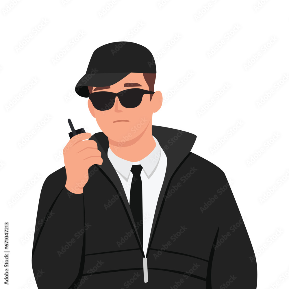 Man bodyguard use walkie talkie to inform security service about arrival of guest or dangerous situation. Guy working as bodyguard wear formal suit to take care of safety important person or business Man bodyguard use walkie talkie to inform security service about arrival of guest or dangerous situation. Guy working as bodyguard wear formal suit to take care of safety important person or business
