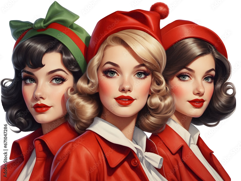 Group of cartoon girls' in santa hats. A retro girls in vintage style. Group of cartoon girls' in santa hats. A retro girls in vintage style.