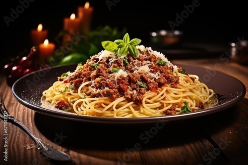 Delicious spaghetti with minced meat on a wooden table