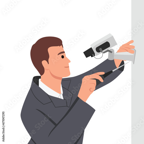 A worker installs a camera on the street CCTV Installation Wizard. Video surveillance master. CCTV camera installation service. Electrician with a screwdriver repairing a CCTV camera. Flat vector
