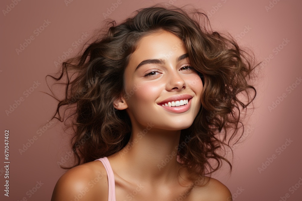Close-up studio portrait of a beautiful young Caucasian woman. A cheerful girl with a gorgeous hairstyle, a wide charming smile and flawless makeup. Youth and beauty. Isolated on pink background. Close-up studio portrait of a beautiful young Caucasian woman. A cheerful girl with a gorgeous hairstyle, a wide charming smile and flawless makeup. Youth and beauty. Isolated on pink background.