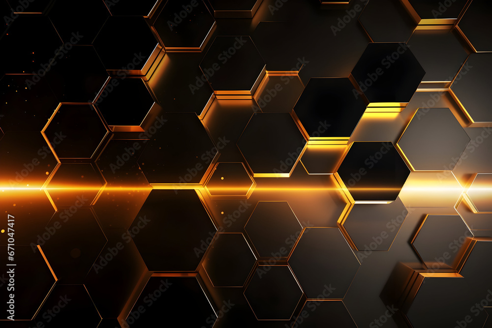 Abstract 3D Banner Illustration with Glowing Gold, Brown, Gray, and Black Hexagons, Creating a Geometric and Technological Texture Wall Futuristic Luxury in Hexagonal Design Abstract 3D Banner Illustration with Glowing Gold, Brown, Gray, and Black Hexagons, Creating a Geometric and Technological Texture Wall Futuristic Luxury in Hexagonal Design