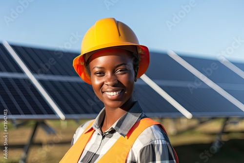 Female African American engineer near solar panels © Tymofii
