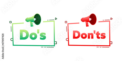 Megaphone with Dos and Donts speech bubble banner. Promotion and advertising label. Vector stock illustration