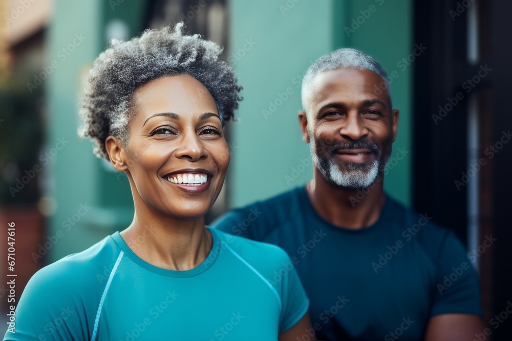 Mature African American couple in sports outfits looking at camera with energetic cheerful smile. Happy loving man and woman jogging or exercising outdoors. Healthy lifestyle in urban environment. Mature African American couple in sports outfits looking at camera with energetic cheerful smile. Happy loving man and woman jogging or exercising outdoors. Healthy lifestyle in urban environment.