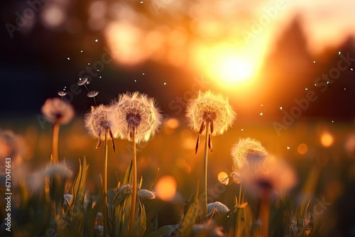 Fluffy dandelions glow in the rays of sunlight