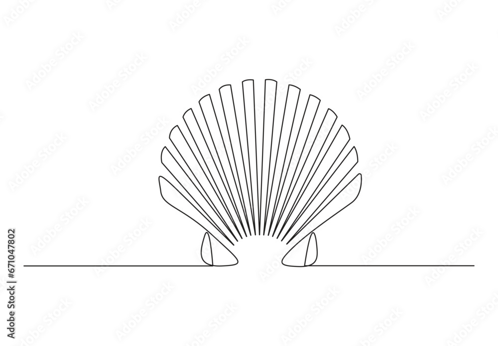 Continuous one line drawing, scallops shell on the beach. The symbol of a holiday by the sea. Summer timer. Vector illustration. Pro vector. 