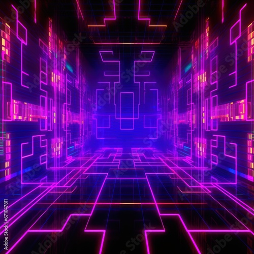 Abstract background with interlaced digital glitch and distortion effect. Futuristic neon cyberpunk design. Retro futurism, webpunk, rave 80s 90s cyberpunk aesthetic techno neon colors