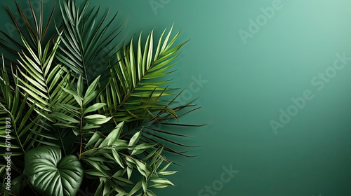 Top view of green tropical leaf shadow on sand color background. Flat lay. Minimal summer concept with palm tree leaf. Creative copyspace. Background with shadow. Generative AI