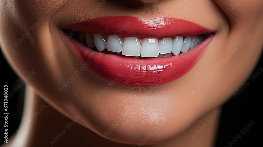 Fototapeta premium Mirroring toothbrushing. Woman with smile brush teeth. Dental care illustration. Generative AI
