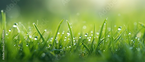 Juicy lush green grass on meadow with drops of water