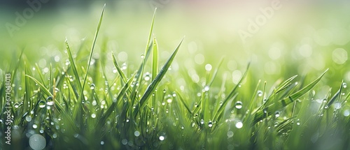 Juicy lush green grass on meadow with drops of water