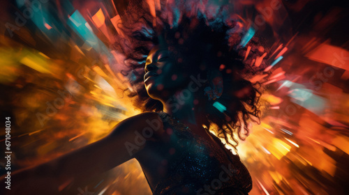 A young, beautiful black woman dancing at the club surrounded by the colorful lights. Rave, concert, party, event photography