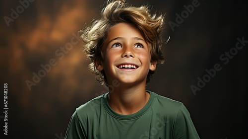 Full body side view little small smiling happy boy 6-7 years old wearing green t-shirt walk go point finger aside on area on plain background. People portrait illustration. Generative AI