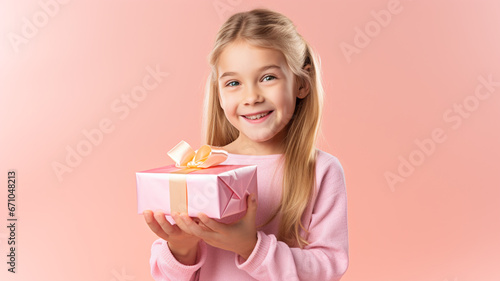 Beautiful girl standing on a pink background with a gift in the hands looking at the camera, pink background. 