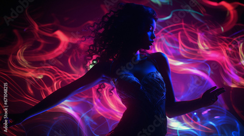 A young, beautiful black woman dancing at the club surrounded by the colorful lights. Rave, concert, party, event photography photo