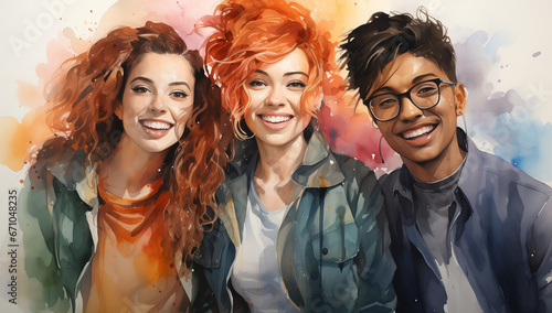 Watercolor Portrait of a Group of Friends: Cheerful Companions, Lovely Pals, in Cool and Warm Palettes