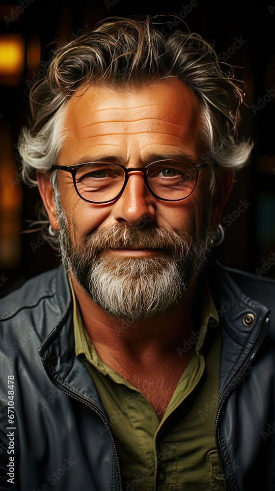 Obraz premium Portrait of happy mature man wearing spectacles and looking at camera outdoor. Man with beard and glasses feeling confident. Close up face of hispanic business man smiling. Generative AI art