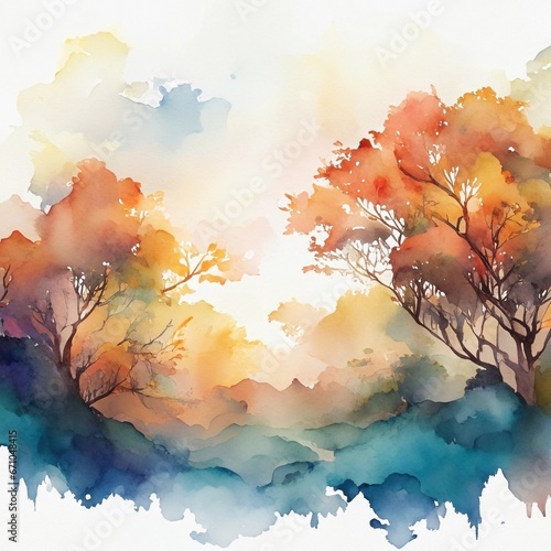 Water color, Orange fall leaves in park, sunny autumn natural background