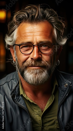 Portrait of happy mature man wearing spectacles and looking at camera outdoor. Man with beard and glasses feeling confident. Close up face of hispanic business man smiling. Generative AI art
