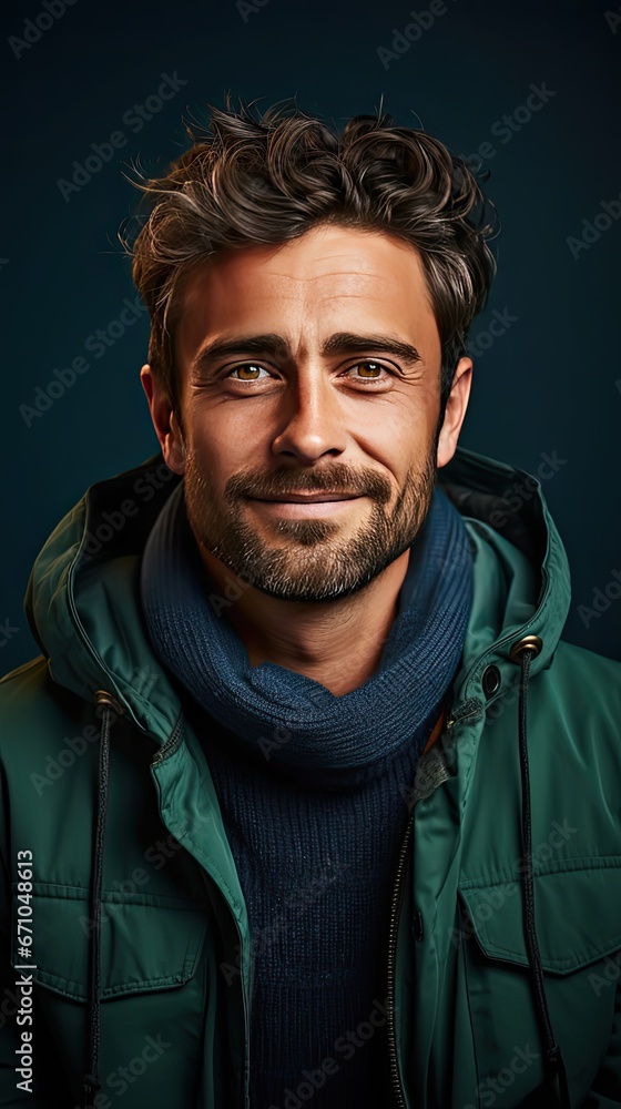 Obraz premium Young handsome man with beard wearing casual sweater and glasses over background happy face smiling with crossed arms looking at the camera. Man face portrait illustration. Generative AI