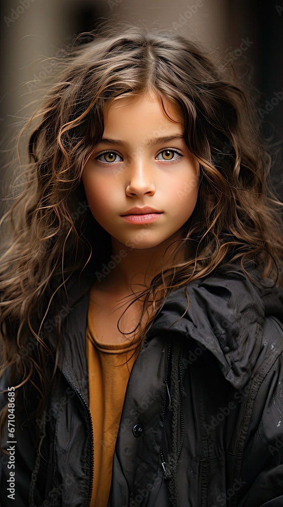 Crop close up portrait of serious sad little Caucasian girl look at camera, unhappy small child kid orphan feel lonely abandoned. People portrait illustration. Generative AI