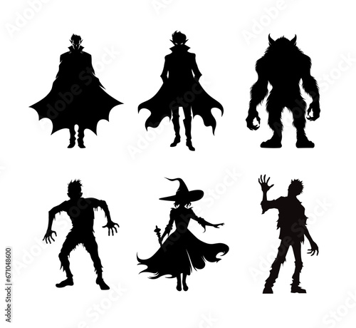Halloween monster silhouettes isolated on white background. Witch, zombie, Dracula, vampire and werewolf. Cartoon characters illustrations stickers